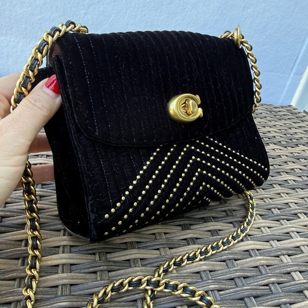 Coach Parker 18 Black Velvet Rivet Chain Crossbody Bag 31034 READ